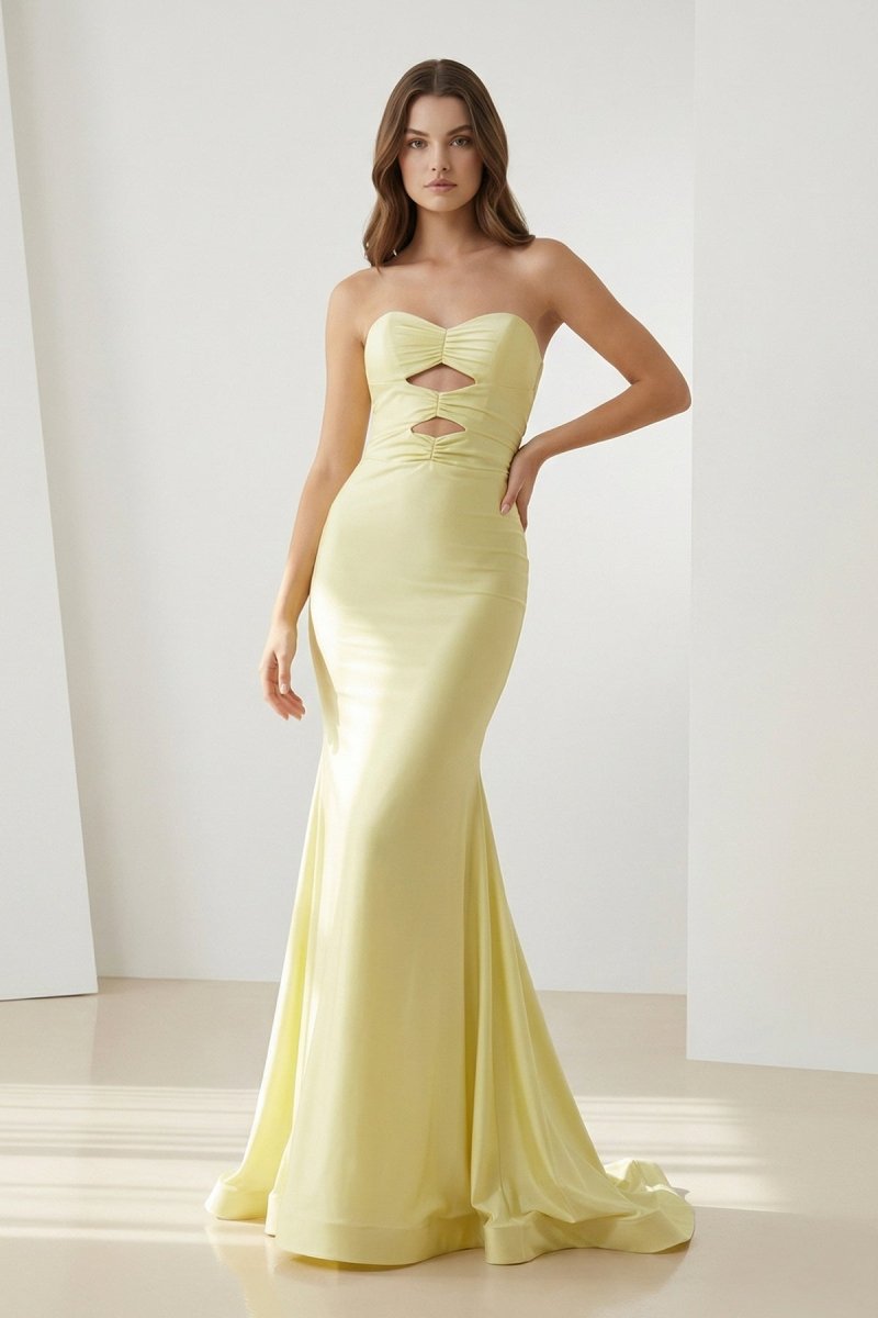 Yellow Sweetheart Mermaid Satin Evening Dress With Cutout - Curvevia