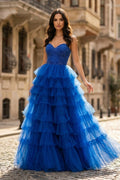 Spaghetti Straps Sweetheart Layered Tulle Formal Prom Dress with Slit - Curvevia