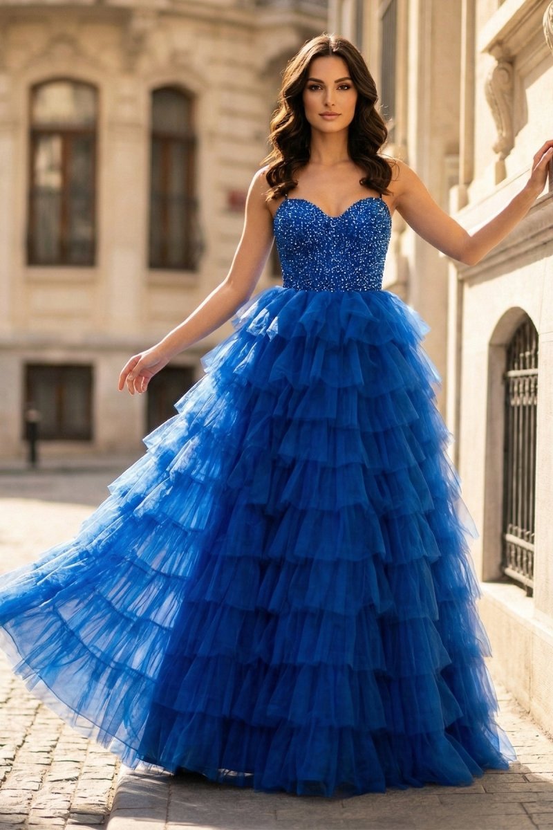Spaghetti Straps Sweetheart Layered Tulle Formal Prom Dress with Slit - Curvevia