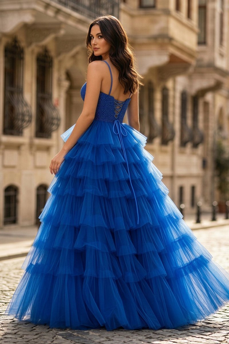 Spaghetti Straps Sweetheart Layered Tulle Formal Prom Dress with Slit - Curvevia