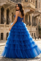 Spaghetti Straps Sweetheart Layered Tulle Formal Prom Dress with Slit - Curvevia
