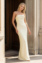 Yellow Strapless Sheath Satin Long Evening Dress With Bow - Curvevia