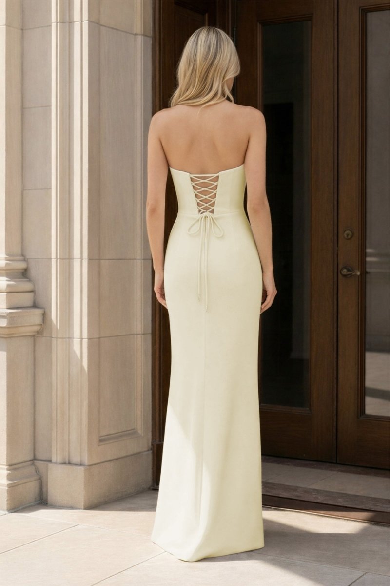 Yellow Strapless Sheath Satin Long Evening Dress With Bow - Curvevia