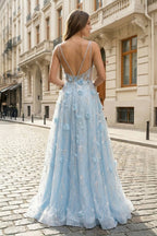 Light Blue 3D Flower Lace Spaghetti Straps A-Line Long Prom Dress - Curvevia