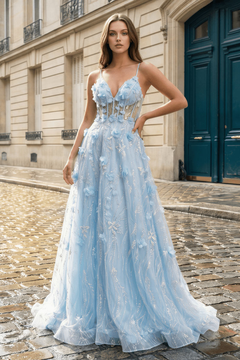 Light Blue 3D Flower Lace Spaghetti Straps A-Line Long Prom Dress - Curvevia