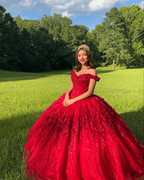 Ball Gown Lace Off-the-Shoulder Red Quinceanera Dress - Curvevia