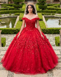 Ball Gown Lace Off-the-Shoulder Red Quinceanera Dress - Curvevia