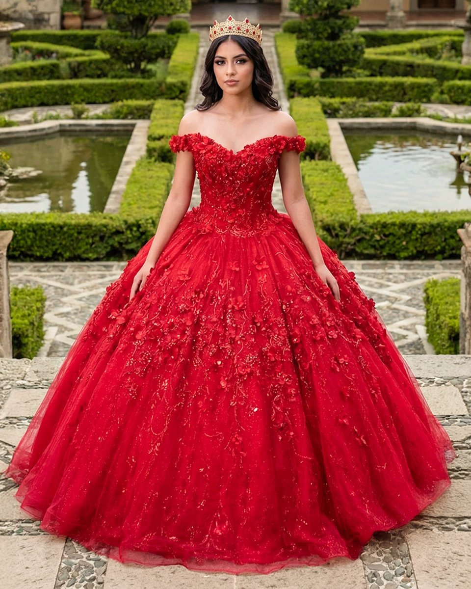 Ball Gown Lace Off-the-Shoulder Red Quinceanera Dress - Curvevia
