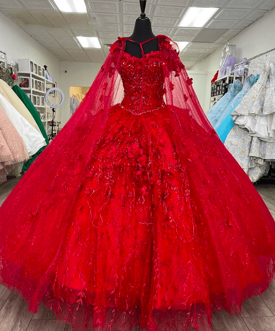 Ball Gown Lace Off-the-Shoulder Red Quinceanera Dress - Curvevia