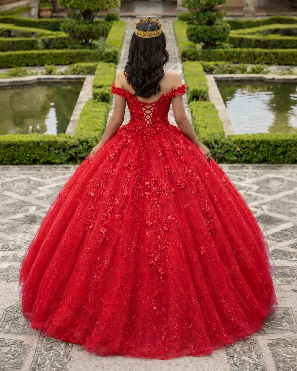 Ball Gown Lace Off-the-Shoulder Red Quinceanera Dress - Curvevia