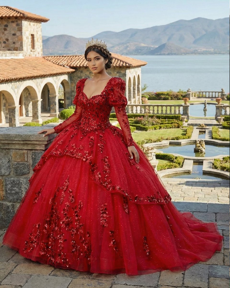 Red Ball Gown Off-the-Shoulder Lace-Up Back Quinceanera Dresses - Curvevia