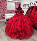 Red Ball Gown Off-the-Shoulder Lace-Up Back Quinceanera Dresses - Curvevia