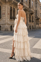 Sweetheart Light Blue Lace Appliques Ruffle Long Formal Gown - Curvevia