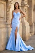Bow Sweetheart Light Blue Mermaid Long Prom Dress - Curvevia