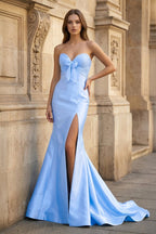 Bow Sweetheart Light Blue Mermaid Long Prom Dress - Curvevia