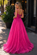 Pink Spaghetti Straps A Line Sequined Lace Long Prom Dresses With Bow - Curvevia