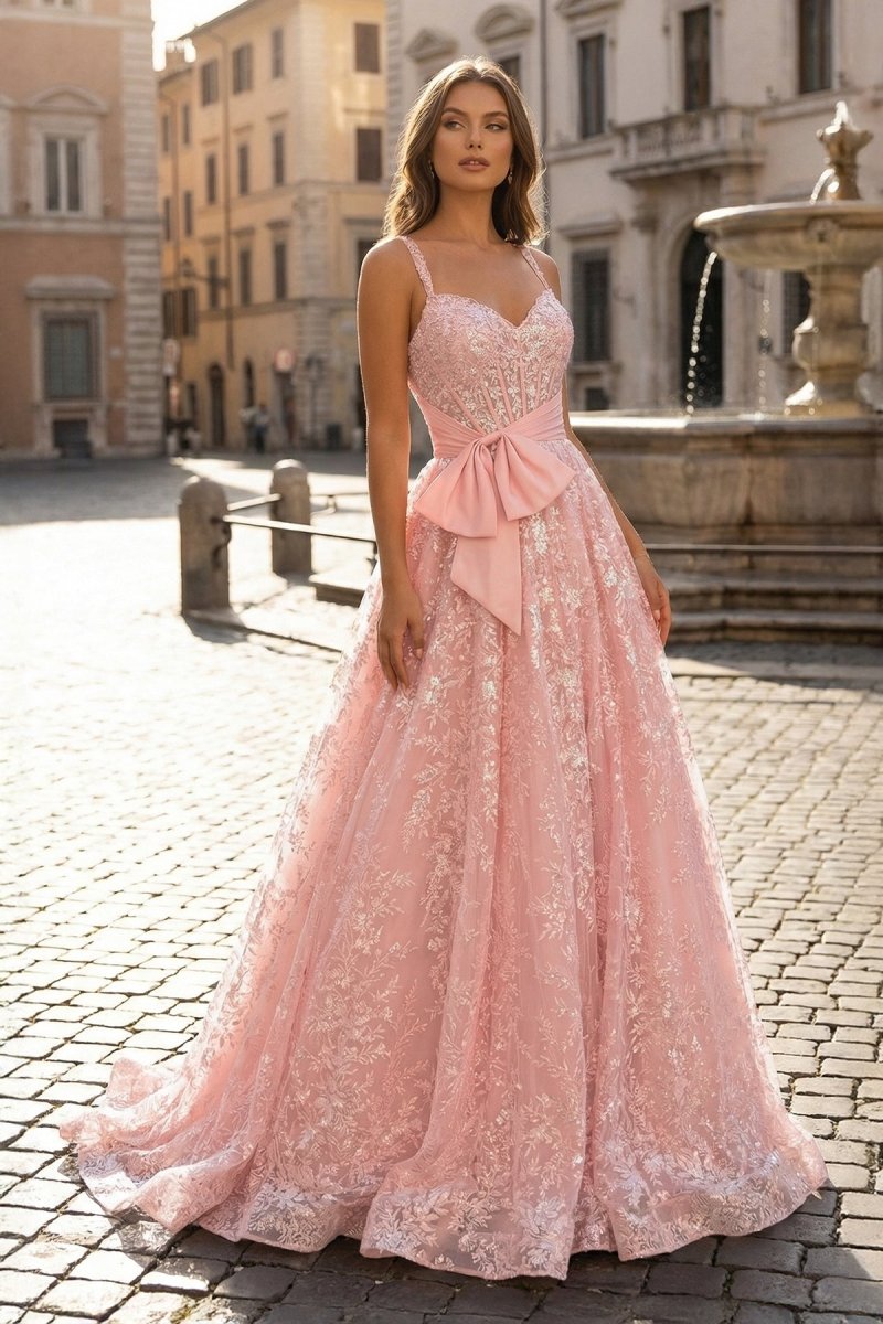 Pink Spaghetti Straps A Line Sequined Lace Long Prom Dresses With Bow - Curvevia