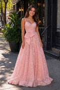 Pink Spaghetti Straps A Line Sequined Lace Long Prom Dresses With Bow - Curvevia