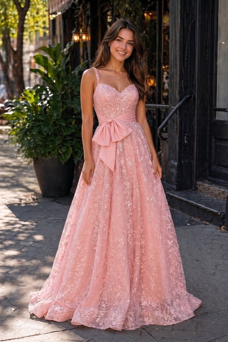 Pink Spaghetti Straps A Line Sequined Lace Long Prom Dresses With Bow - Curvevia