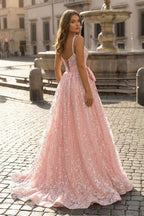 Pink Spaghetti Straps A Line Sequined Lace Long Prom Dresses With Bow - Curvevia