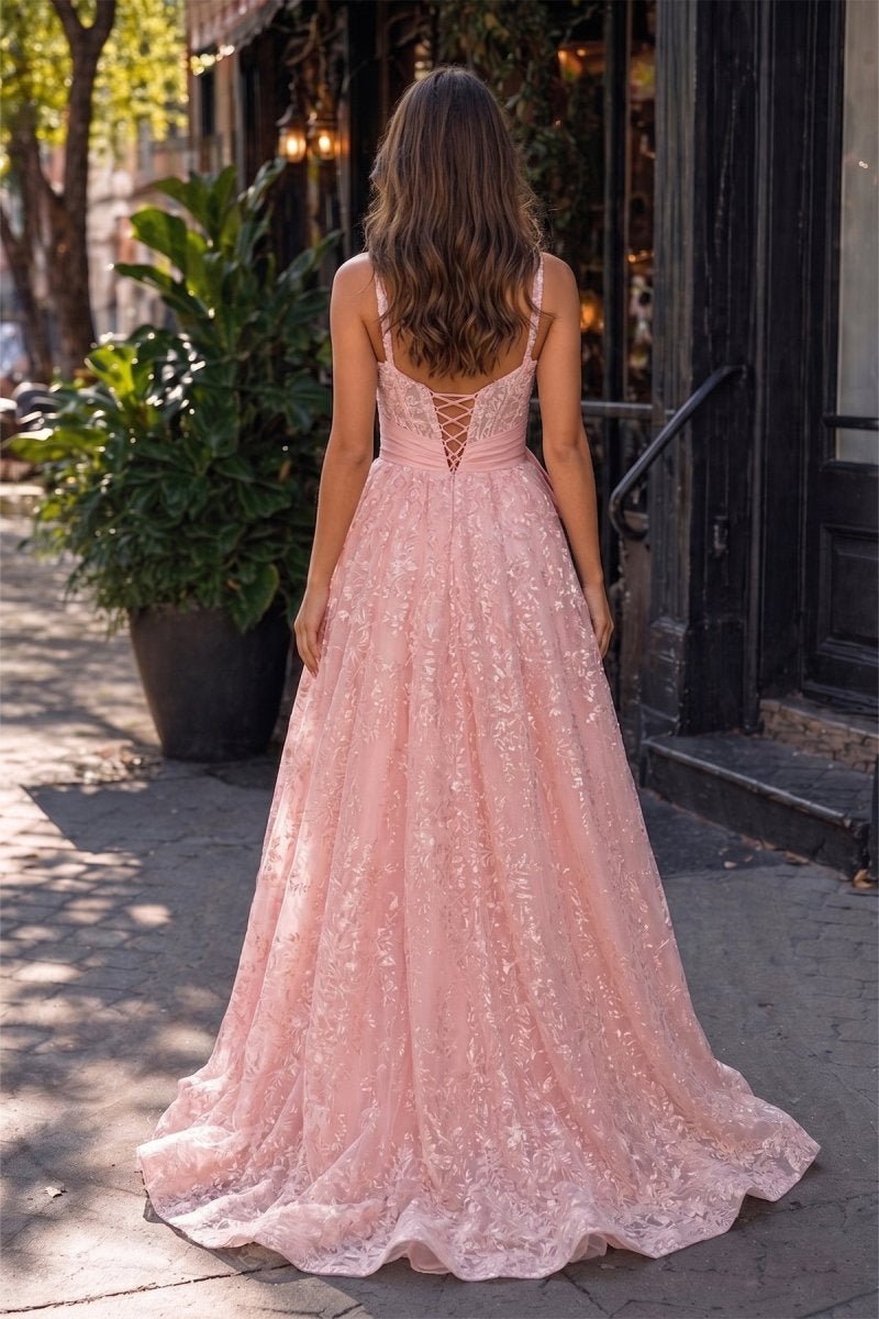 Pink Spaghetti Straps A Line Sequined Lace Long Prom Dresses With Bow - Curvevia