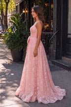 Pink Spaghetti Straps A Line Sequined Lace Long Prom Dresses With Bow - Curvevia