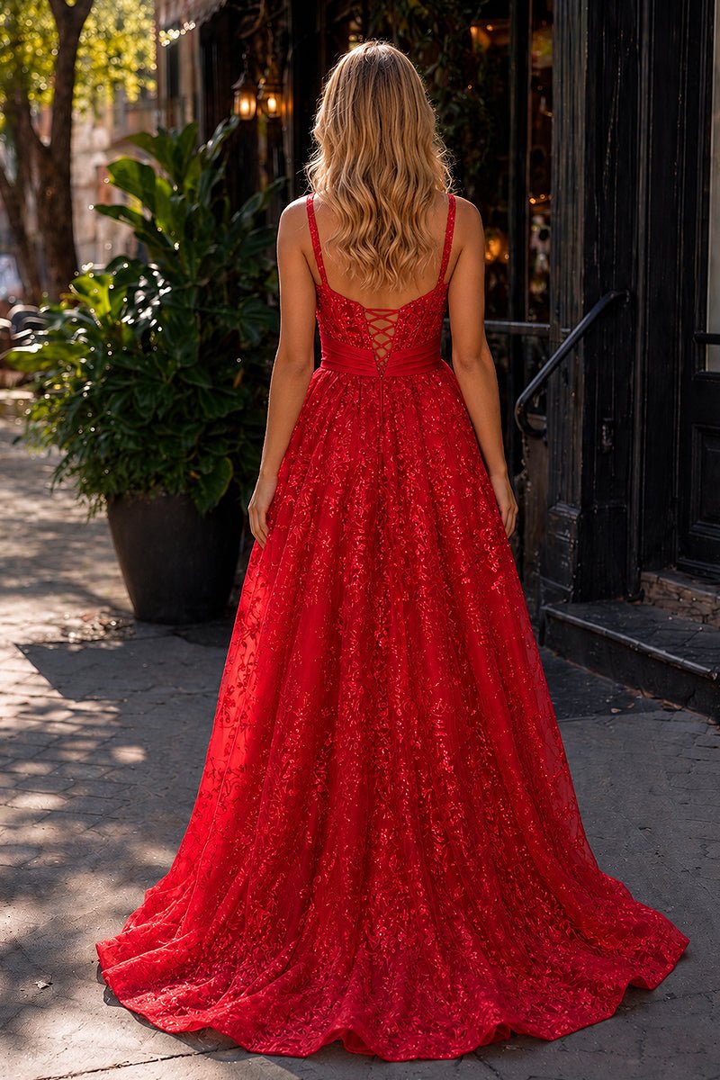 Pink Spaghetti Straps A Line Sequined Lace Long Prom Dresses With Bow - Curvevia