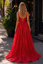 Pink Spaghetti Straps A Line Sequined Lace Long Prom Dresses With Bow - Curvevia