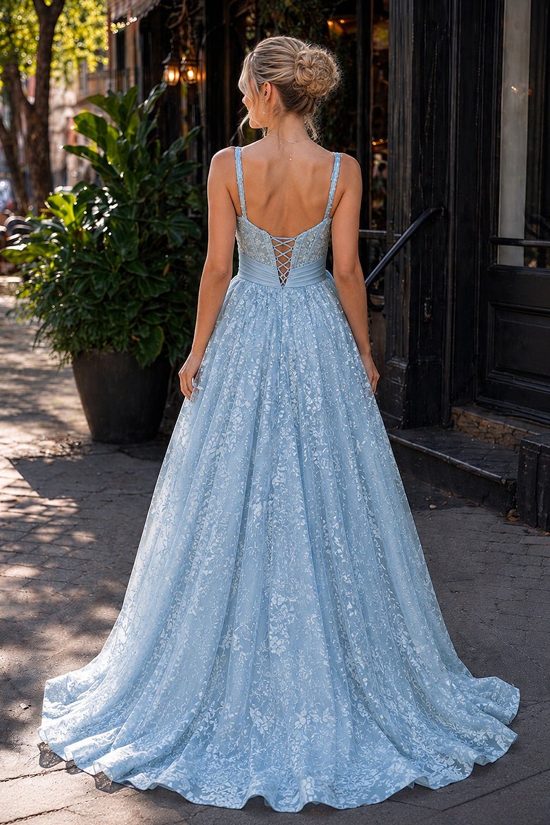 Pink Spaghetti Straps A Line Sequined Lace Long Prom Dresses With Bow - Curvevia