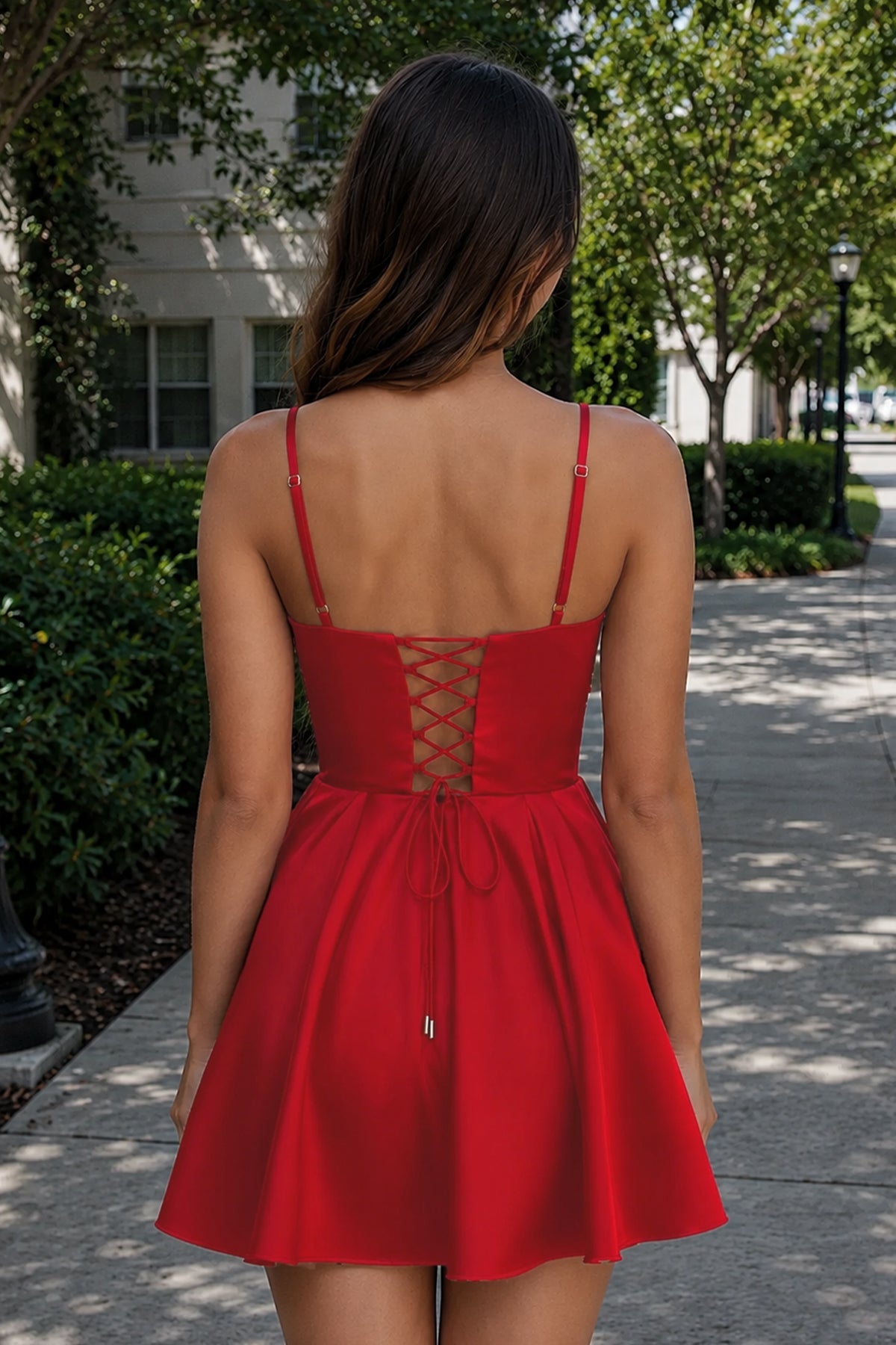 Red A Line Straps Satin Short Wedding Guest Dress With Flower - Curvevia