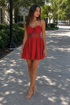 Red A Line Straps Satin Short Wedding Guest Dress With Flower - Curvevia