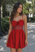 Red A Line Straps Satin Short Wedding Guest Dress With Flower - Curvevia