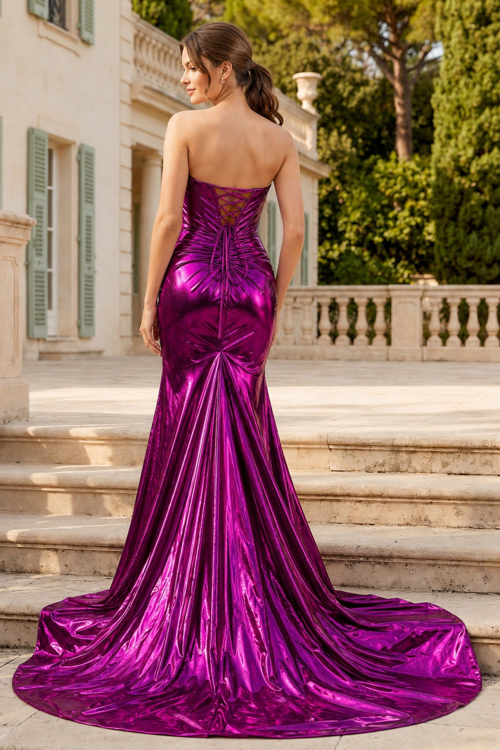 Mermaid Sweetheart Strapless Metallic Empire Evening Dress With Side Slit - Curvevia