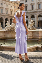 Pink - Sheath Cowl Neck Satin Pleated Formal Prom Dresses With Ruffles - Curvevia