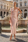 Pink - Sheath Cowl Neck Satin Pleated Formal Prom Dresses With Ruffles - Curvevia