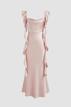 Pink - Sheath Cowl Neck Satin Pleated Formal Prom Dresses With Ruffles - Curvevia