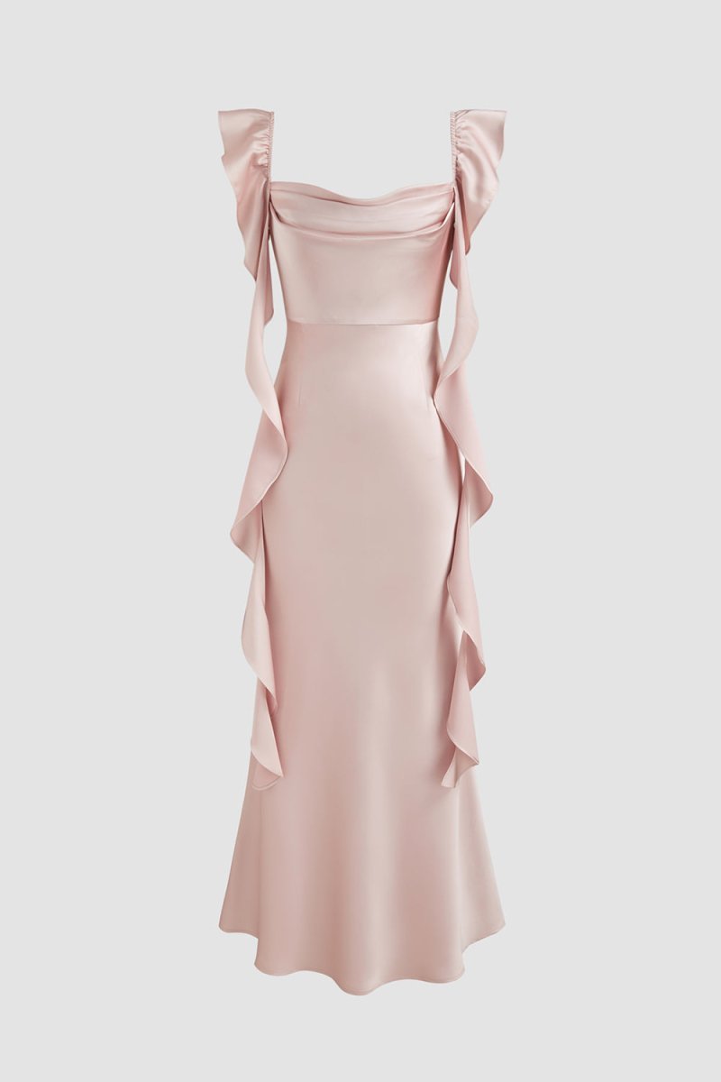 Pink - Sheath Cowl Neck Satin Pleated Formal Prom Dresses With Ruffles - Curvevia