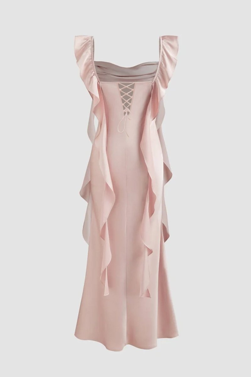 Pink - Sheath Cowl Neck Satin Pleated Formal Prom Dresses With Ruffles - Curvevia