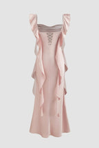 Pink - Sheath Cowl Neck Satin Pleated Formal Prom Dresses With Ruffles - Curvevia