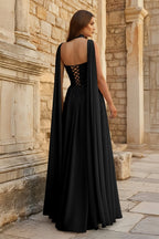 Sky Blue Strapless Chiffon Pleated A Line Long Wedding Guest Dress With Scarf - Curvevia