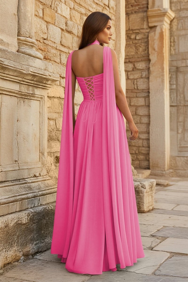Sky Blue Strapless Chiffon Pleated A Line Long Wedding Guest Dress With Scarf - Curvevia