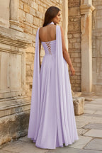 Sky Blue Strapless Chiffon Pleated A Line Long Wedding Guest Dress With Scarf - Curvevia