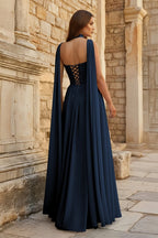 Sky Blue Strapless Chiffon Pleated A Line Long Wedding Guest Dress With Scarf - Curvevia