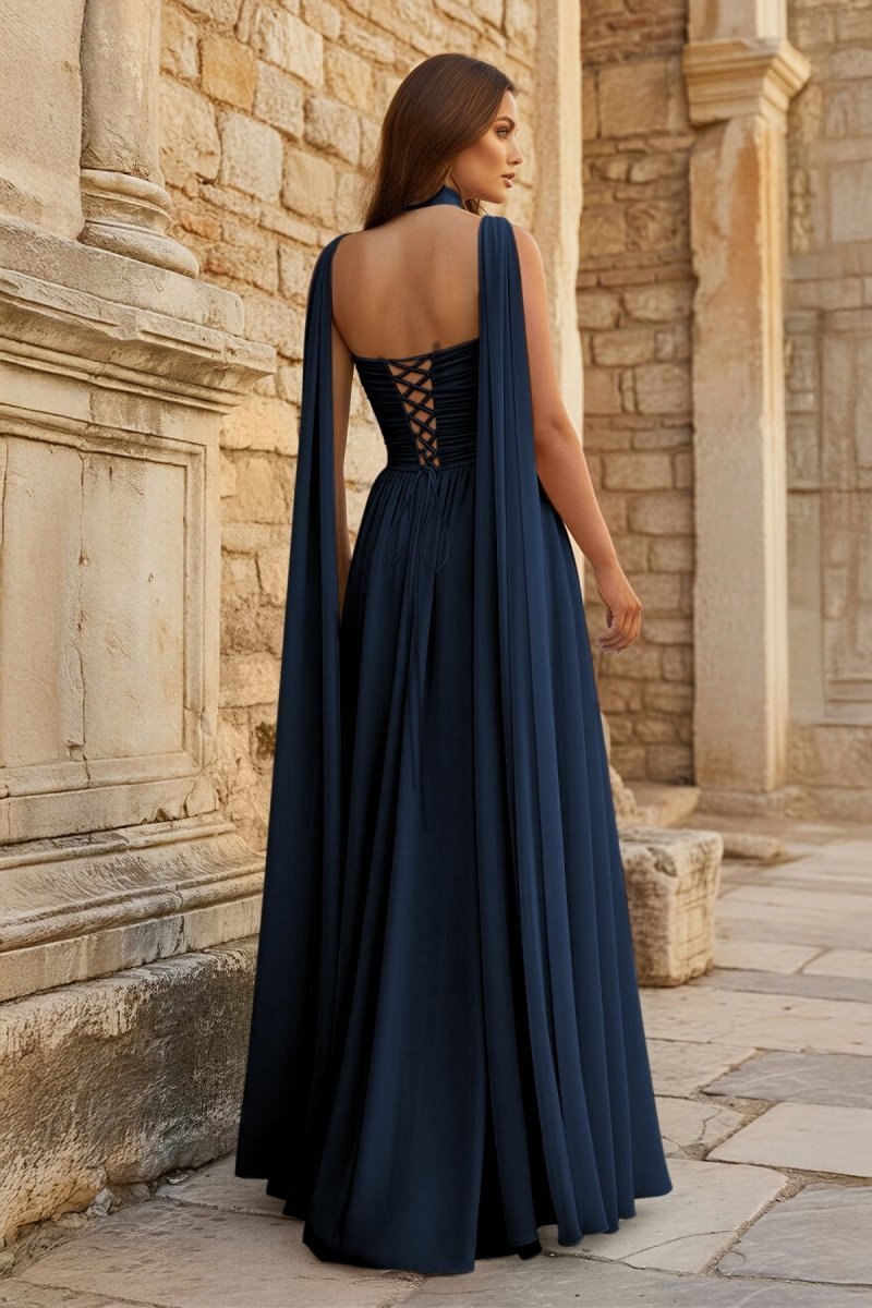 Sky Blue Strapless Chiffon Pleated A Line Long Wedding Guest Dress With Scarf - Curvevia