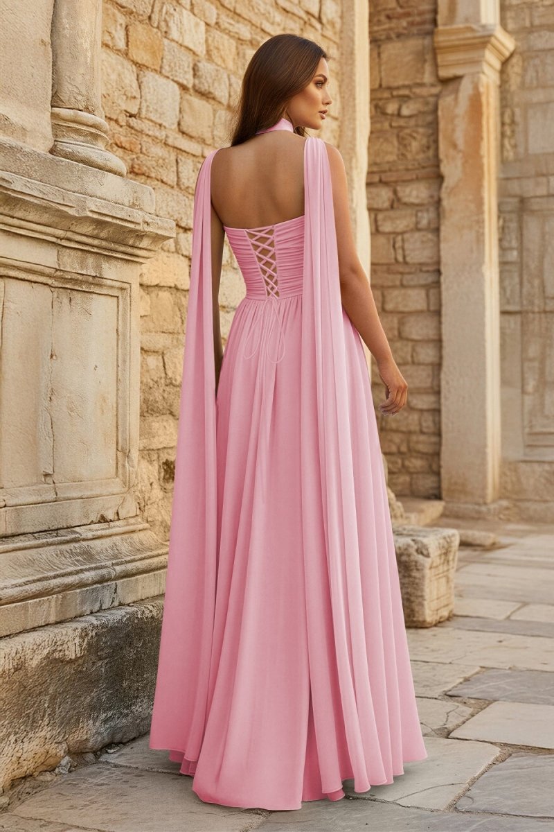 Sky Blue Strapless Chiffon Pleated A Line Long Wedding Guest Dress With Scarf - Curvevia