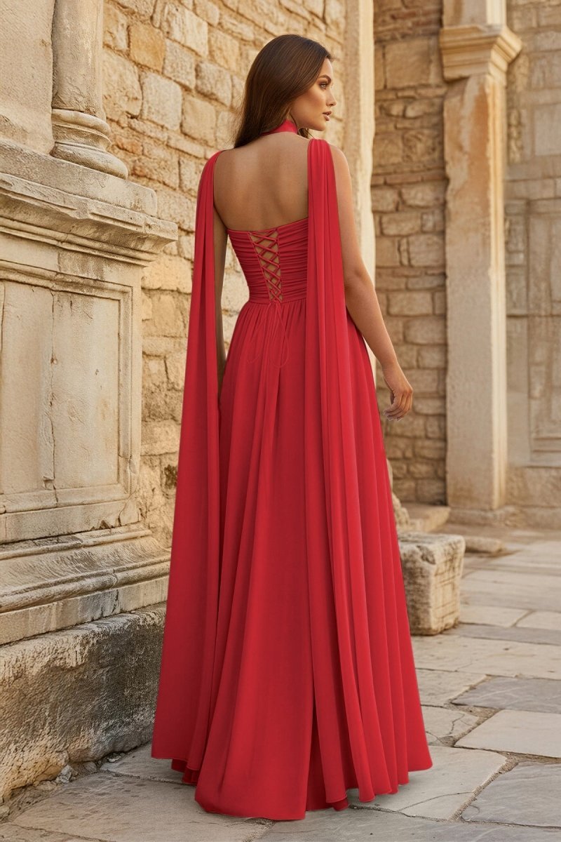 Sky Blue Strapless Chiffon Pleated A Line Long Wedding Guest Dress With Scarf - Curvevia