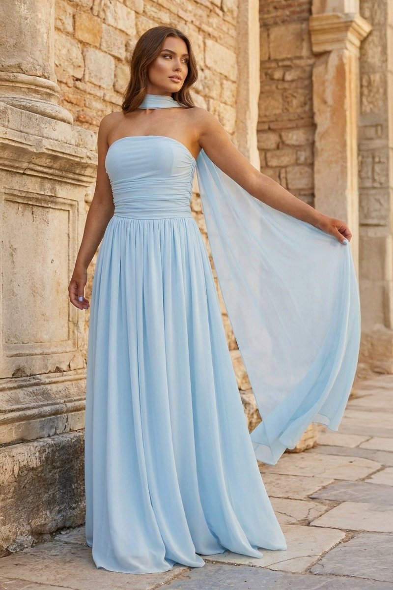 Sky Blue Strapless Chiffon Pleated A Line Long Wedding Guest Dress With Scarf - Curvevia
