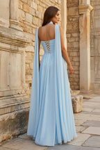 Sky Blue Strapless Chiffon Pleated A Line Long Wedding Guest Dress With Scarf - Curvevia