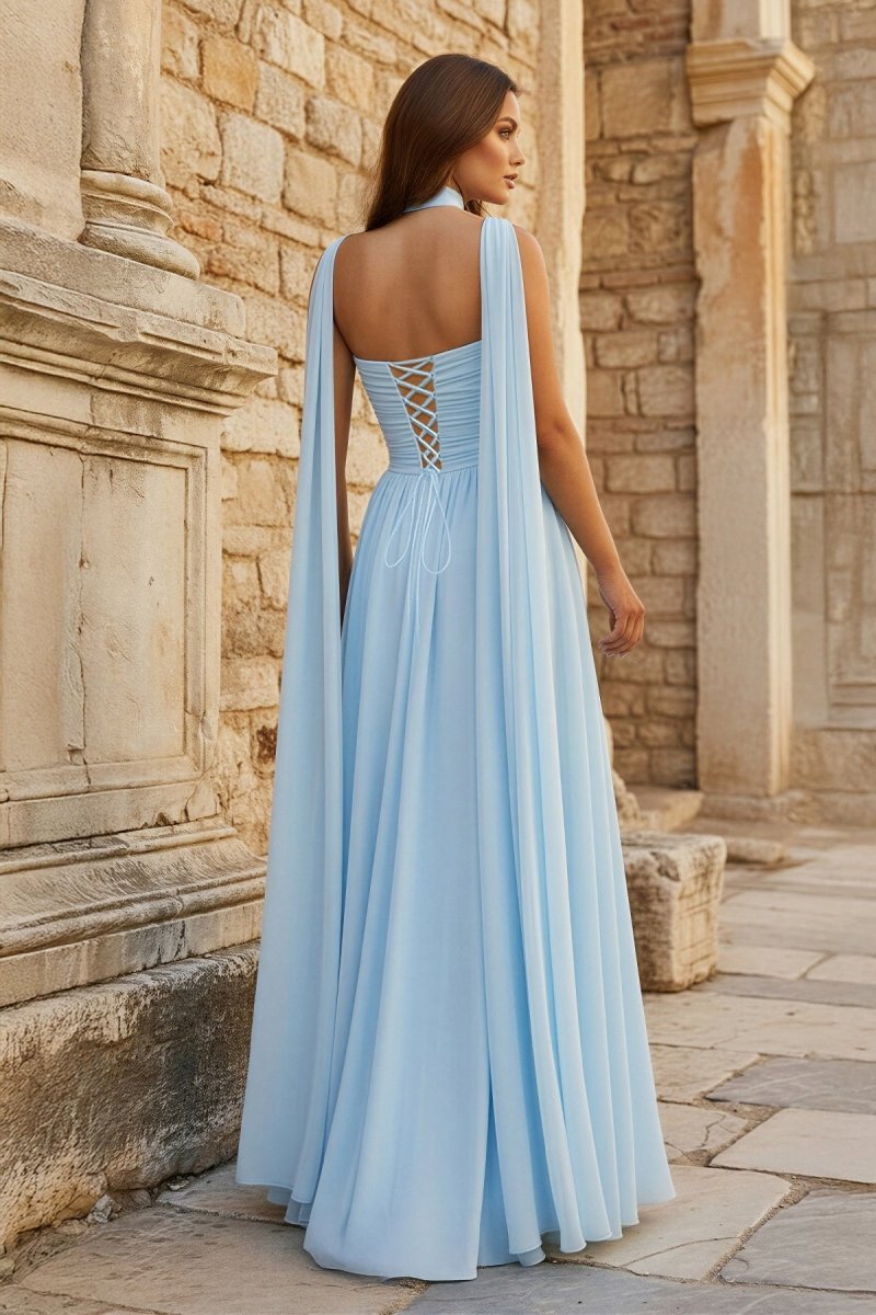 Sky Blue Strapless Chiffon Pleated A Line Long Wedding Guest Dress With Scarf - Curvevia