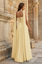 Sky Blue Strapless Chiffon Pleated A Line Long Wedding Guest Dress With Scarf - Curvevia